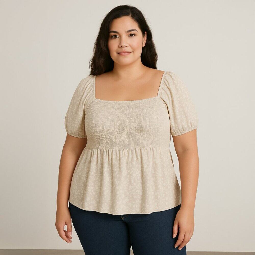 A516 • Beige Floral Smocked Peplum Top